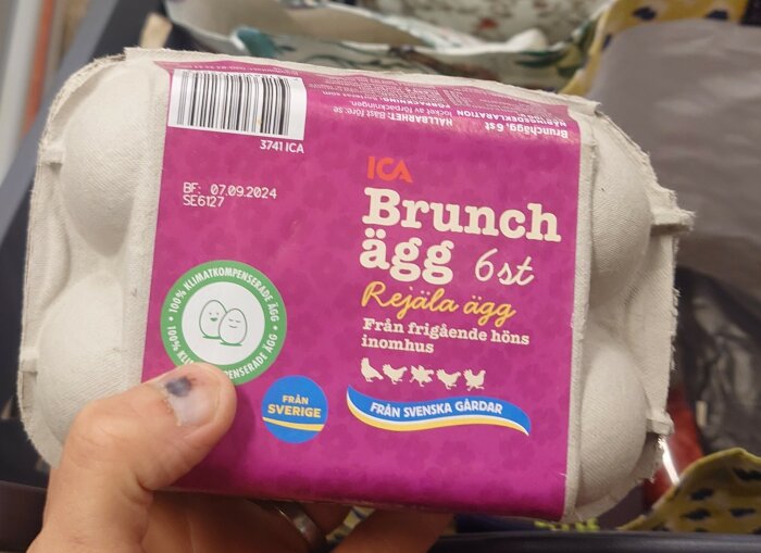 Kartong med sex ICA Brunchägg från frigående höns inomhus, märkta "REAALA EGG" och klimatkompenserade. Bäst före datum 07.09.2024.