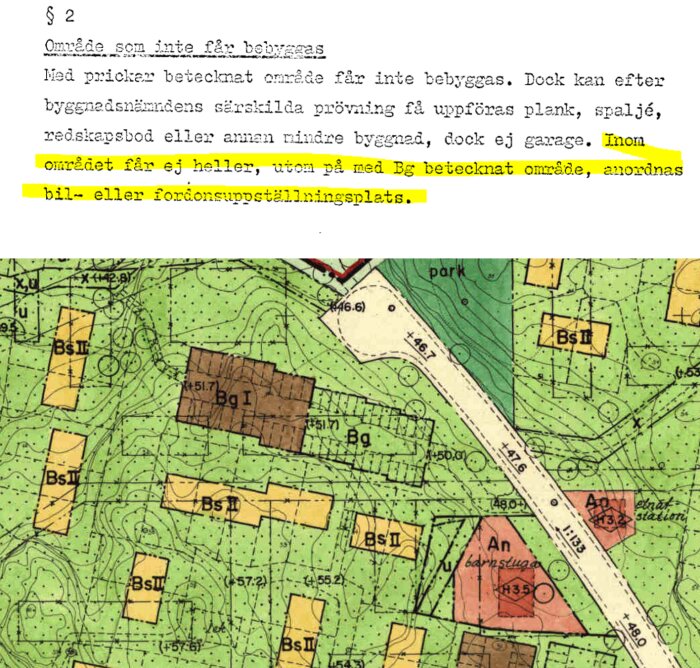 Detaljplanekarta med markeringar för byggområden, reglerade byggrestriktioner och markerad paragraf gällande biluppställningsplatser.