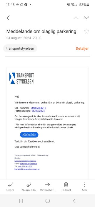 Skärmbild av ett påstått meddelande från Transportstyrelsen om olaglig parkering med information om böter och förfallodatum.