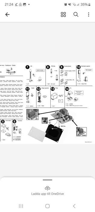 Manual för installation av elektroniska komponenter på ett kretskort, inklusive spole, LED, terminalblock, elektrolytkondensator och spänningsregulator.