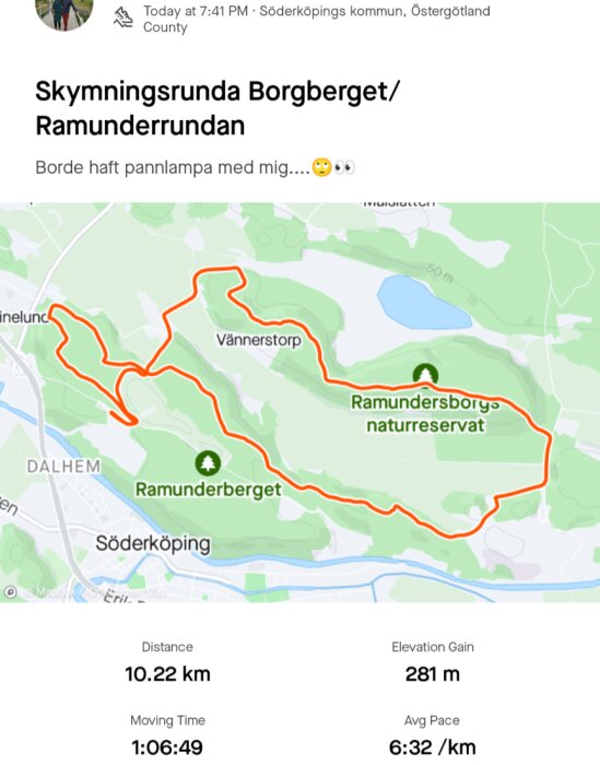 Löprunda över Borgberget och Ramunderberget i Söderköping, Östergötland, med en distans på 10,22 km och en höjdstigning på 281 m, registrerad med en app.