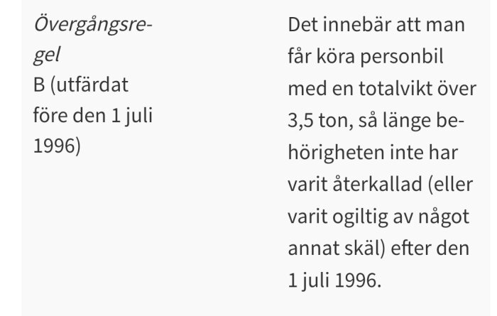 Bild som visar en text om övergångsregel B, utfärdad före den 1 juli 1996. Texten förklarar att det innebär rätt att köra personbil över 3,5 ton om behörigheten inte återkallats.