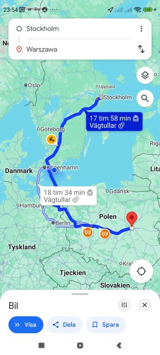 Karta från Google Maps som visar två färdvägar från Stockholm till Warszawa, en via Trelleborg och färja (17 tim 58 min) och en via Köpenhamn (18 tim 34 min).