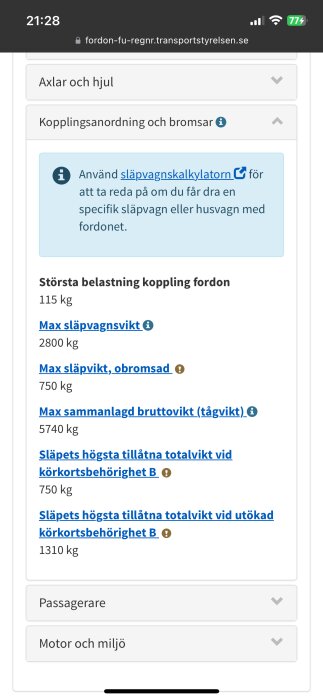 Skärmbild av en transportsystemsida som visar information om fordonskopplingar och släpvagnsvikter, inklusive max släpvagnsvikt och högsta tillåtna totalvikt.