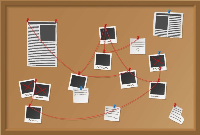 En anslagstavla täckt med dokument och foton sammankopplade med röda trådar, vilket illustrerar en komplex utredning eller planeringsprocess.