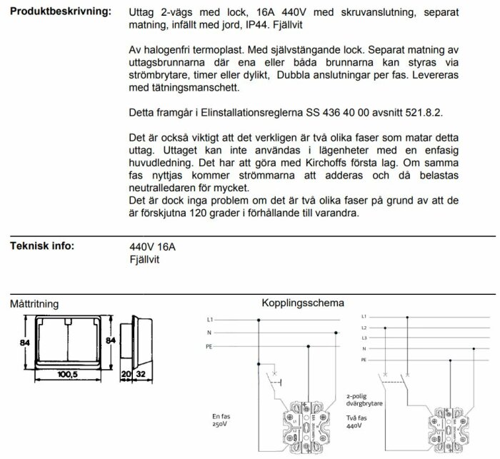 Produktbeskrivning av uttag 2-vägs med lock, 16A 440V, samt teknisk info, måttritning och kopplingsschema för två olika faser och enfas.