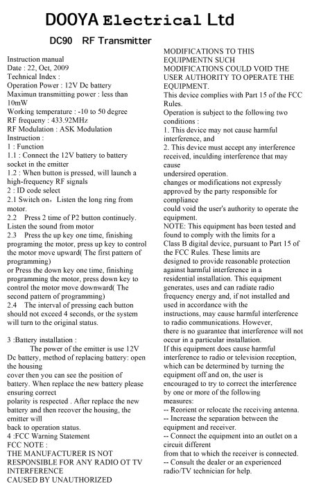 Instruktionsmanual för Dooya Electrical Ltd DC90 RF-sändare med tekniska specifikationer, användarinstruktioner och FCC-varningar.