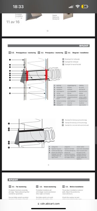 Installationsdiagram av en kåpa från Flexit för träfasad och betongmuryttervägg. Diagrammen visar olika installationssteg med illustrationer och förklaringar av komponenter.