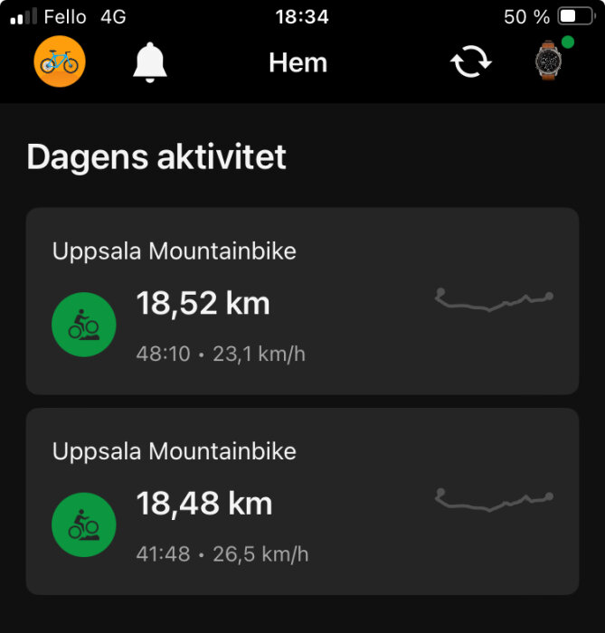 Bildskärm som visar två cykelaktiviteter med detaljer om distans, varaktighet och hastighet, båda med titeln "Uppsala Mountainbike".