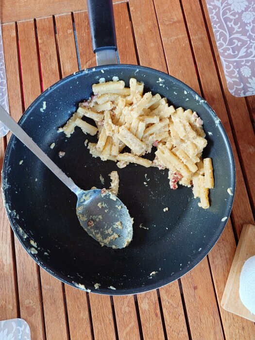 En stekpanna med kvarvarande pasta carbonara och en slev på ett träbord.