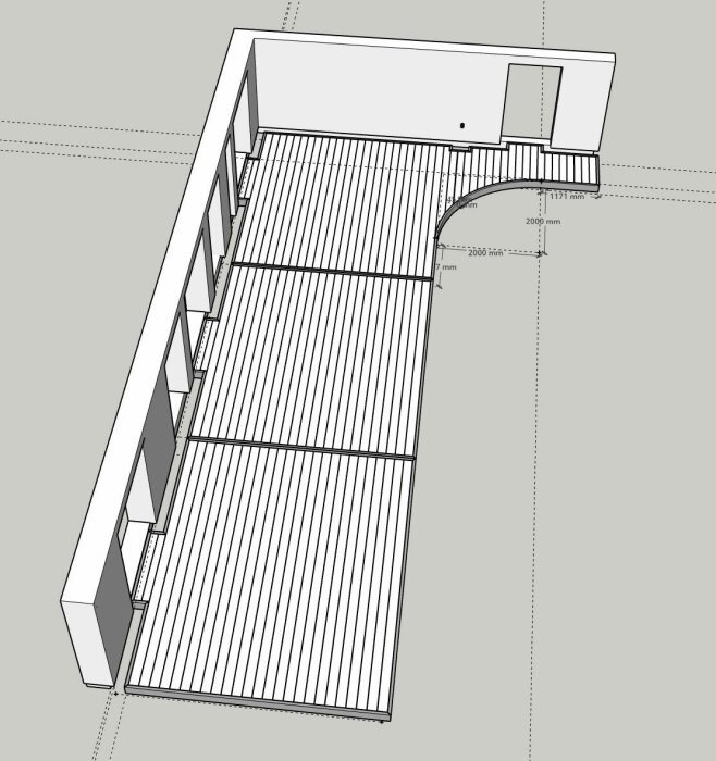 3D-ritning av en trädäckskonstruktion med en böjd sektion, ritningen visar måtten på radien i böjen som är 2000 mm.