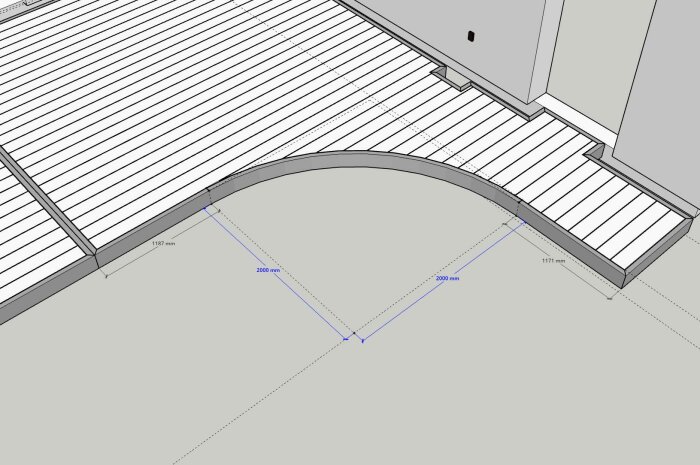 Skisserad trallbyggnation med radie på 2 meter där det är tänkt att böja en kvartcirkel, med inritade måttlinjer på 2000 mm från mittpunkten.