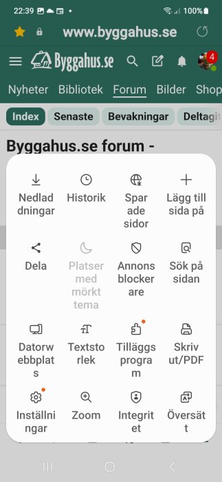 Skärmdump av menyval på Byggahus.se forum som visar alternativ som Nedladdningar, Historik, Inställningar och andra funktioner för användarinställningar.