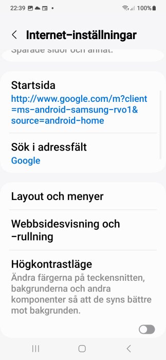 En skärmdump av internet-inställningar på en mobiltelefon, med alternativ som startsida, sök i adressfält, layout och menyer, webbsidesvisning, och högkontrastläge.