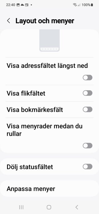 Skärmbild av mobilinställningar med rubriken "Layout och menyer" som visar alternativa vyer för adressfält, flikfält, bokmärkesfält och statusfält.