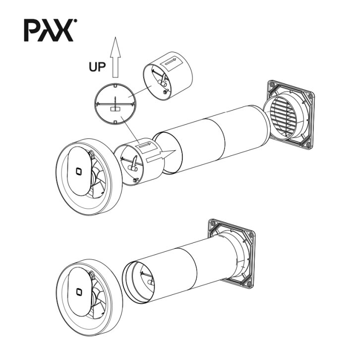 Illustration av PAX ventilationssystem med komponenter och installationsanvisningar.