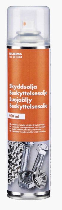 Sprayburk från Biltema med skyddsolja, artikelnummer 36-4564, för att skydda metallprodukter från korrosion.