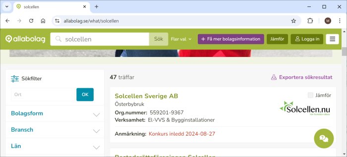 En skärmdump av en sökning efter "solcellen" på Allabolag.se som visar företaget Solcellen Sverige AB med information om organsationsnummer och bransch.