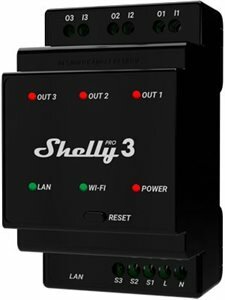 Svart Shelly Pro 3-smart hem-enhet med lysdioder för LAN, Wi-Fi och ström, samt anslutningar för utgångar och ingångar.