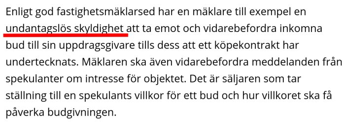 Textstycke som beskriver fastighetsmäklares skyldigheter, där frasen "undantagslös skyldighet" är understruken i rött.