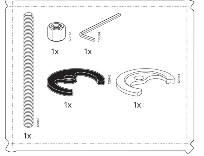 Illustration av monteringsdelar från Ikea: gängad stång, mutter, insexnyckel och två C-formade klämmor med produktkoder.