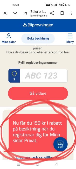 Webbsida från Bilprovningen med en registreringsruta och ett erbjudande om 150 kr i rabatt på besiktning vid registrering för Mina sidor Privat.