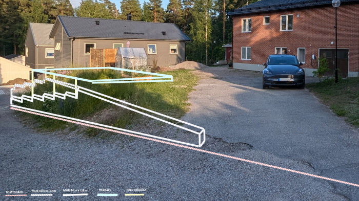 Tomt med markerade platser för planerad stödmur, trädäck och tomtgräns. Bakgrunden visar två hus och en parkerad bil.