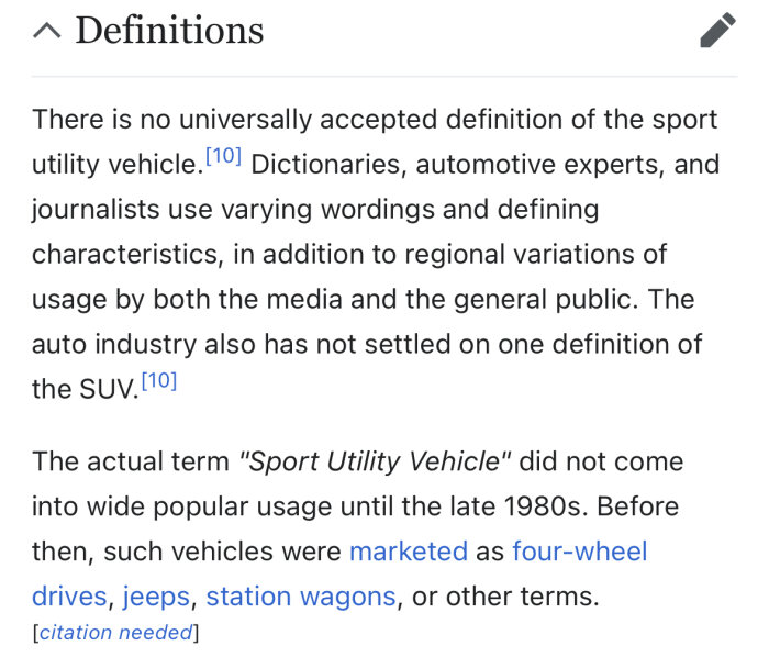 Screenshot av en Wikipedia-sida som beskriver definitionen av termen "SUV" och dess variationer i användning och popularitet över tid.
