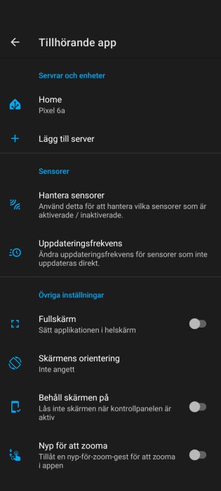 Inställningsskärm för en app med alternativen att hantera sensorer, ändra uppdateringsfrekvens, sätta helskärm, justera skärmens orientering, lås skärmen och zooma.