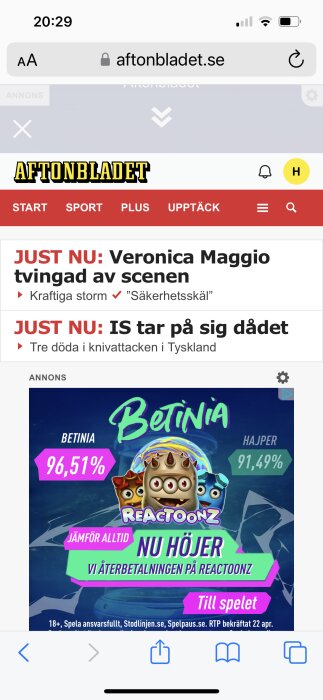 Skärmdump av nyhetssidan Aftonbladet med rubriker om Veronica Maggio och IS, samt en annons för online-spelet "Reactoonz" från Betinia.