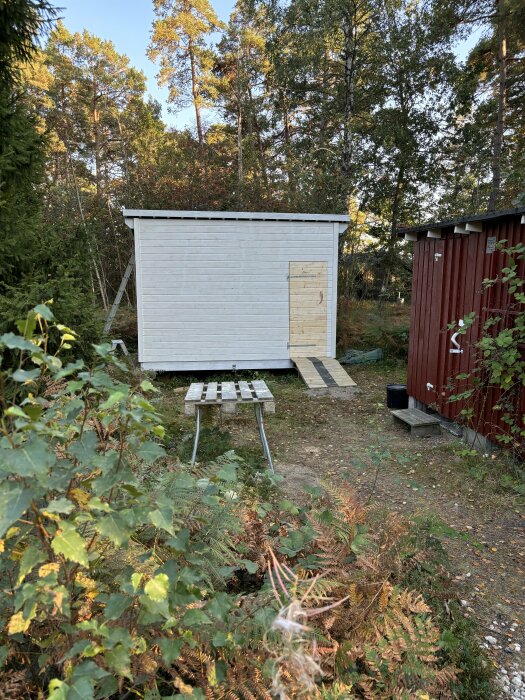 Vit träbyggnad med nyinstallerad dörr, omgiven av träd och växtlighet, med ett rött hus till höger och en arbetsbänk framför byggnaden.