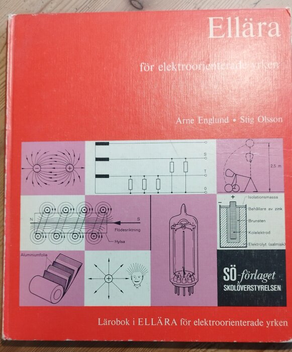 Omslaget till boken "Ellära för elektroorienterade yrken" av Arne Englund och Stig Olsson från 1968, med illustrationer av elektriska fält och komponenter.