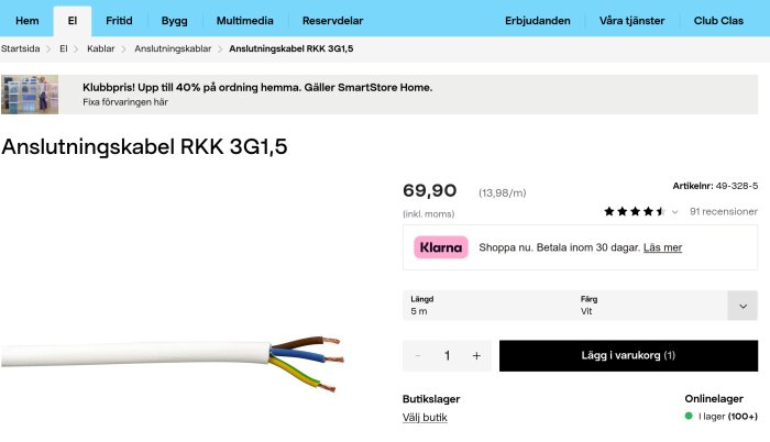 Bild på en nätbutiksprodukt: Anslutningskabel RKK 3G1,5, med priset 69,90 kr och specifikationer som längd 5 meter och färg vit.