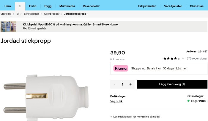 Bild av en jordad stickpropp som finns till försäljning på en e-handelswebbplats. Produkten kostar 39,90 SEK och har fått 375 recensioner.