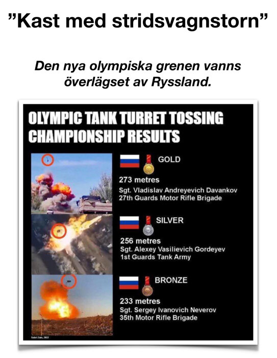 Bild som parodierar en olympisk tävling för att slänga stridsvagnstorn, med resultat där Ryssland vinner guld, silver och brons. Bilder visar explosioner och flygande stridsvagnstorn.