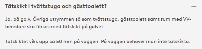 Svar från GVK:s FAQ som förklarar tätskikt i tvättstuga och gästtoalett, beskriver att tätskikt ska finnas på golvet och vikas upp 50 mm på väggen, men inte behövs på väggen.