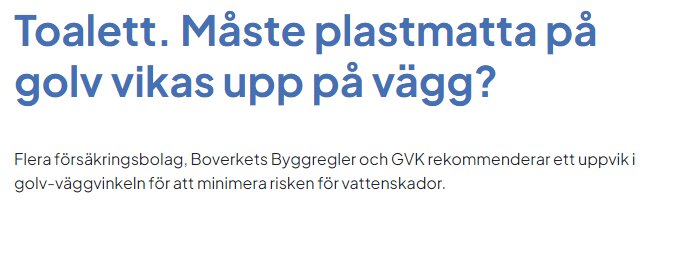 Bild med texten "Toalett. Måste plastmatta på golv vikas upp på vägg?" och en förklaring om rekommendationer för uppvik av golvmatta för att minimera vattenskador.