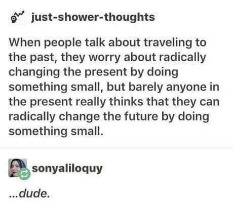 Text: "When people talk about traveling to the past, they worry about radically changing the present by doing something small, but barely anyone in the present really thinks that they can radically change the future by doing something small." Kommentar: "...dude.