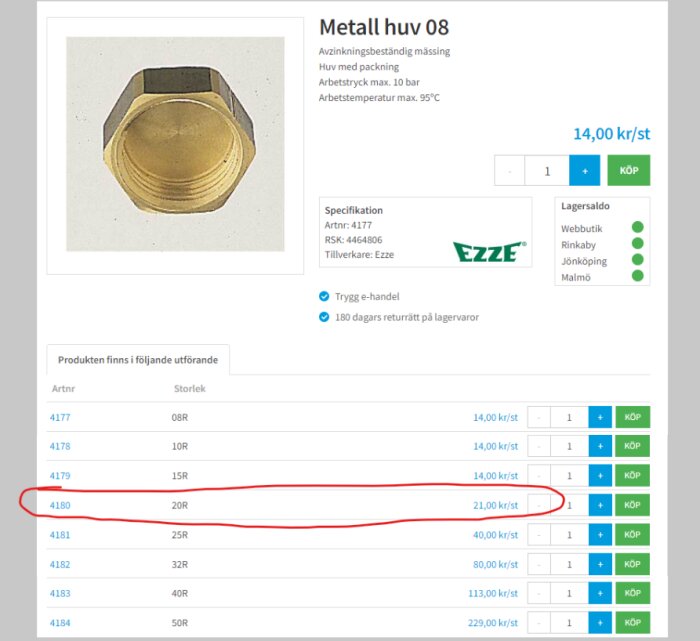 Produktbild på en metallhylsa från Ezze, modell 08, med specifikationerna artnr 4177 och ett cirkulerat alternativ 4180 i listan nedanför.