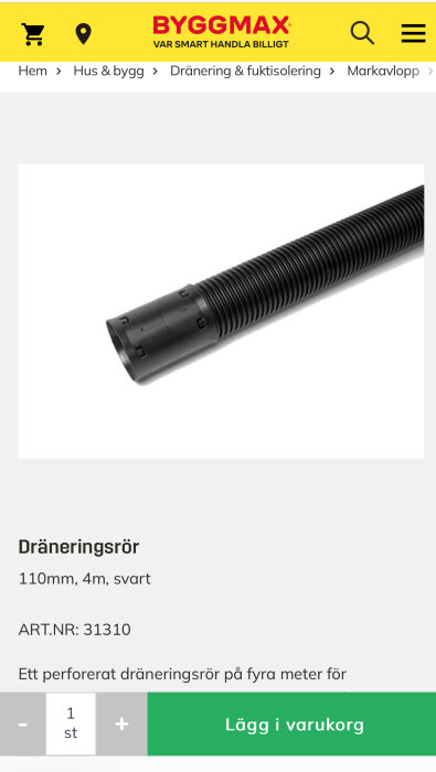 Svart perforerat dräneringsrör, 110mm diameter och 4m längd, visas på en produktbild från Byggmax.
