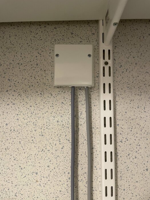 Bild av en fast installation med två elektriska kablar som går in i en kopplingsdosa, installerad på en vägg med beige och grå mönster.