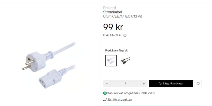 Vit strömkabel 0,5m CEE7/7 till IEC C13 visas på produktsida med priset 99 kr.