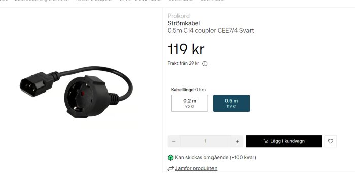 Svart strömkabel med C14-koppling och CEE7/4-uttag på 0,5 meter, pris 119 kr.