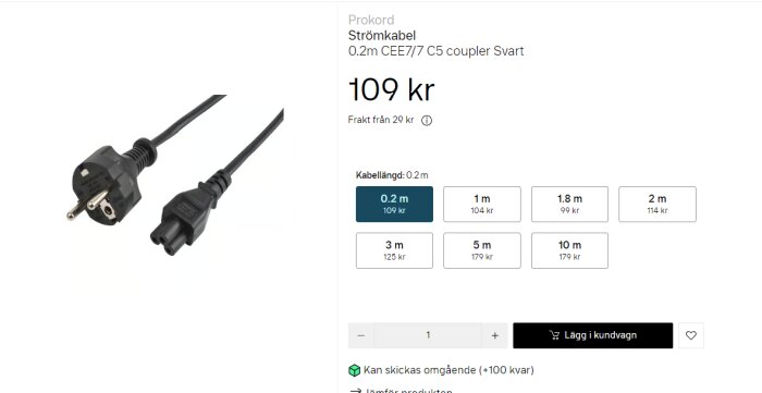 Produktbild av en 0,2 meters strömkabel med CEE7/7-kontakt och C5-koppling, pris 109 kr, från Prokord. Olika kabel längder och priser visas till höger.