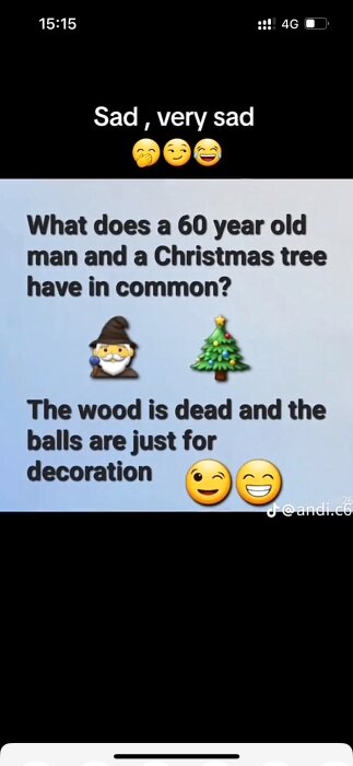 Meme med texten: "What does a 60 year old man and a Christmas tree have in common? The wood is dead and the balls are just for decoration" med emojis.