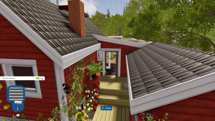 En 3D-renderad entré mellan en carport och husvägg med tak i olika höjder och vinklar, samt en entrédörr i mitten.