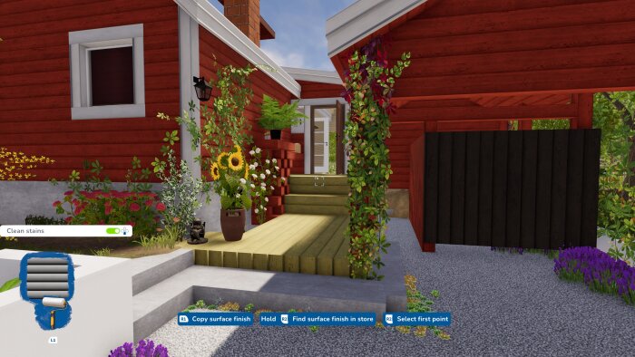 3D-rendering av en entre med trappa mellan husvägg och carport, med blommor och krukväxter vid ingången, från spelet House Flipper 2 på PS5.