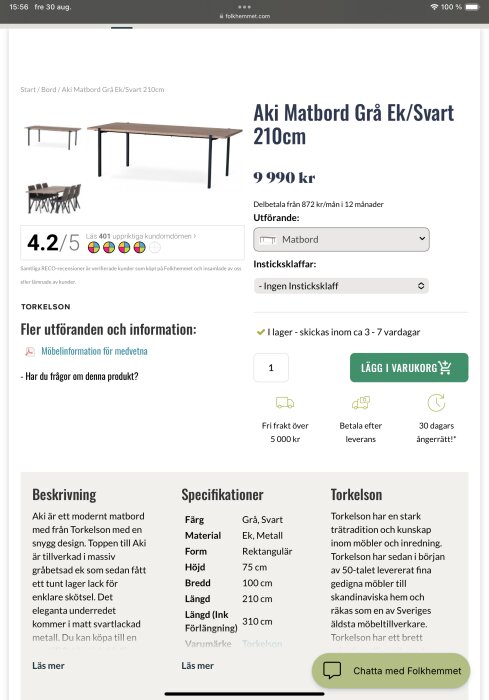 Produktbild av det rektangulära Aki matbordet från Torkelson, grå ek/svart metall, 210 cm långt, med specifikationer, pris 9 990 kr, och kundbetyg 4,2 av 5.