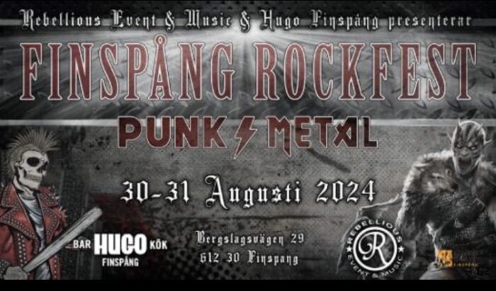 Affisch för Finspång Rockfest 2024 med punk och metal-tema, den 30-31 augusti 2024, inklusive en skelettfigur med klubba, en vargfigur och evenemangsdetaljer.