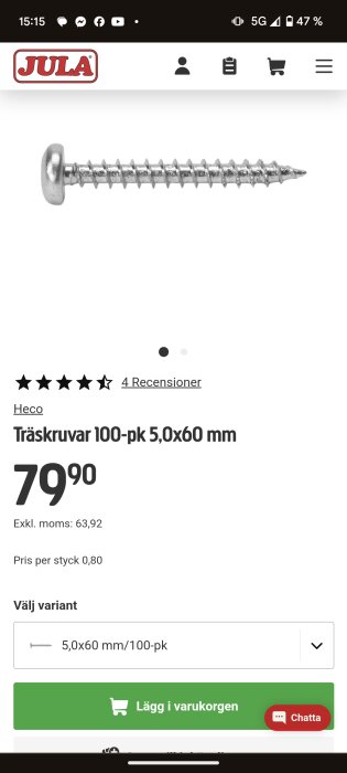 Bild av en produkt på Jula's hemsida: Heco tråskruvar 100-pk 5,0x60 mm, pris 79,90 SEK med fyra recensioner och genomsnittligt betyg på fyra och en halv stjärna.